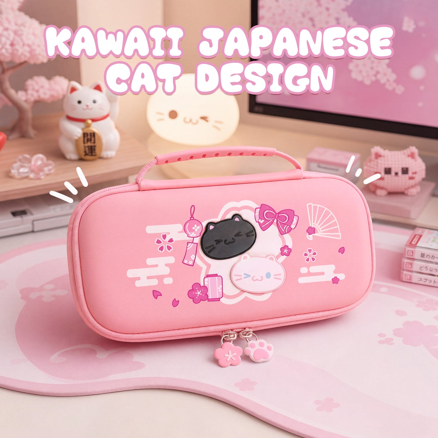 PlayVital 和風さくら子猫デザイン キャリングケース Nintendo Switch 2 用 Switch 2対応 可愛いハードシェルトラベルケース シリコン充電ポート付き ゲームカード10枚収納可能 ポータブル収納バッグ【ピンク】