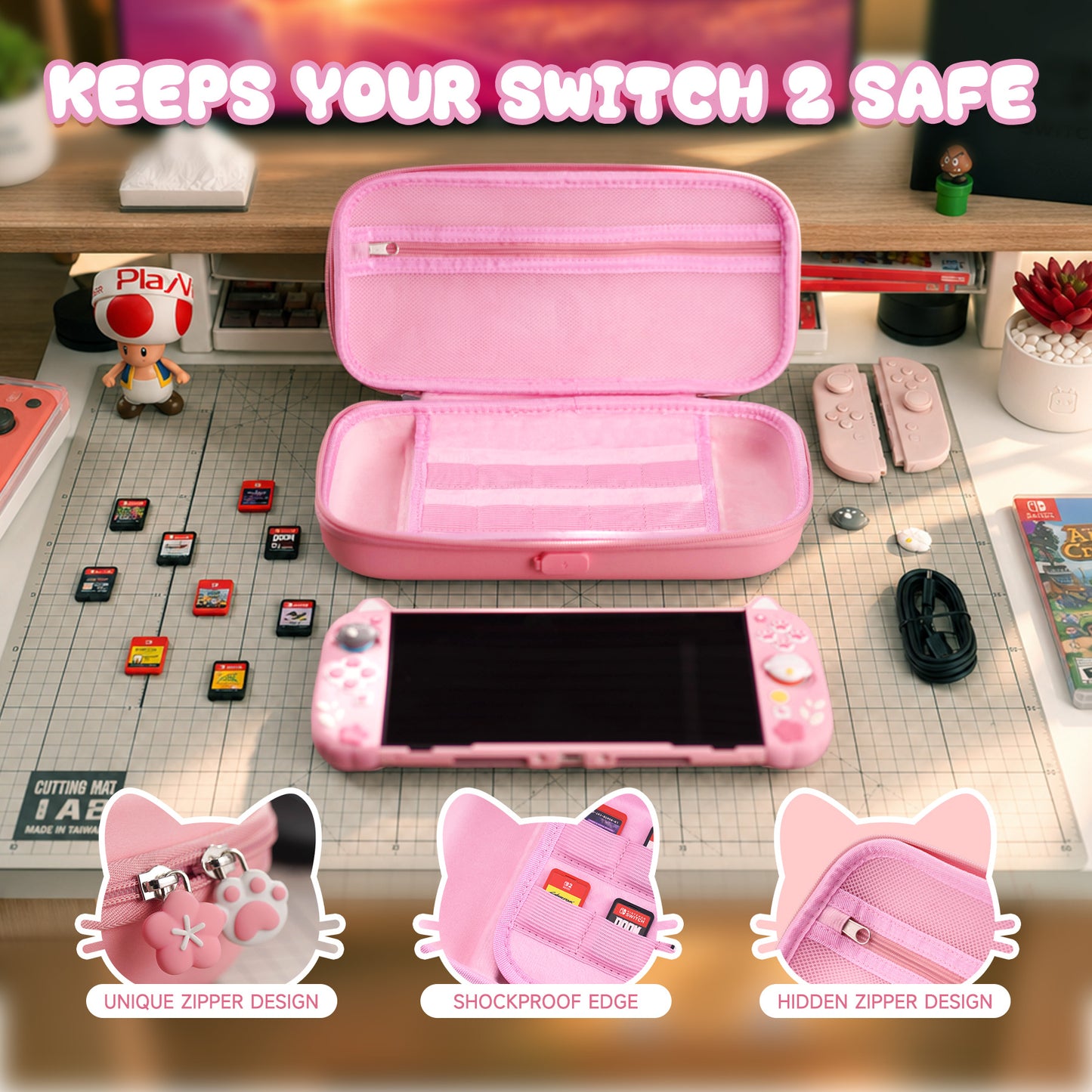 PlayVital 和風さくら子猫デザイン キャリングケース Nintendo Switch 2 用 Switch 2対応 可愛いハードシェルトラベルケース シリコン充電ポート付き ゲームカード10枚収納可能 ポータブル収納バッグ【ピンク】