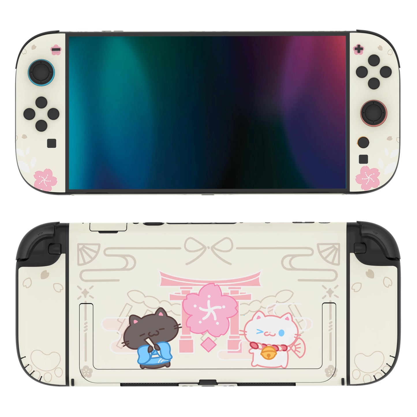 PlayVital Nintendo Switch 2（2025）本体・Joycon対応 Cherry Blossoms Kittenフルセット保護ステッカーシール カスタマイズ用ビニールステッカー ドック＆グリップスシール付き【アイボリー】