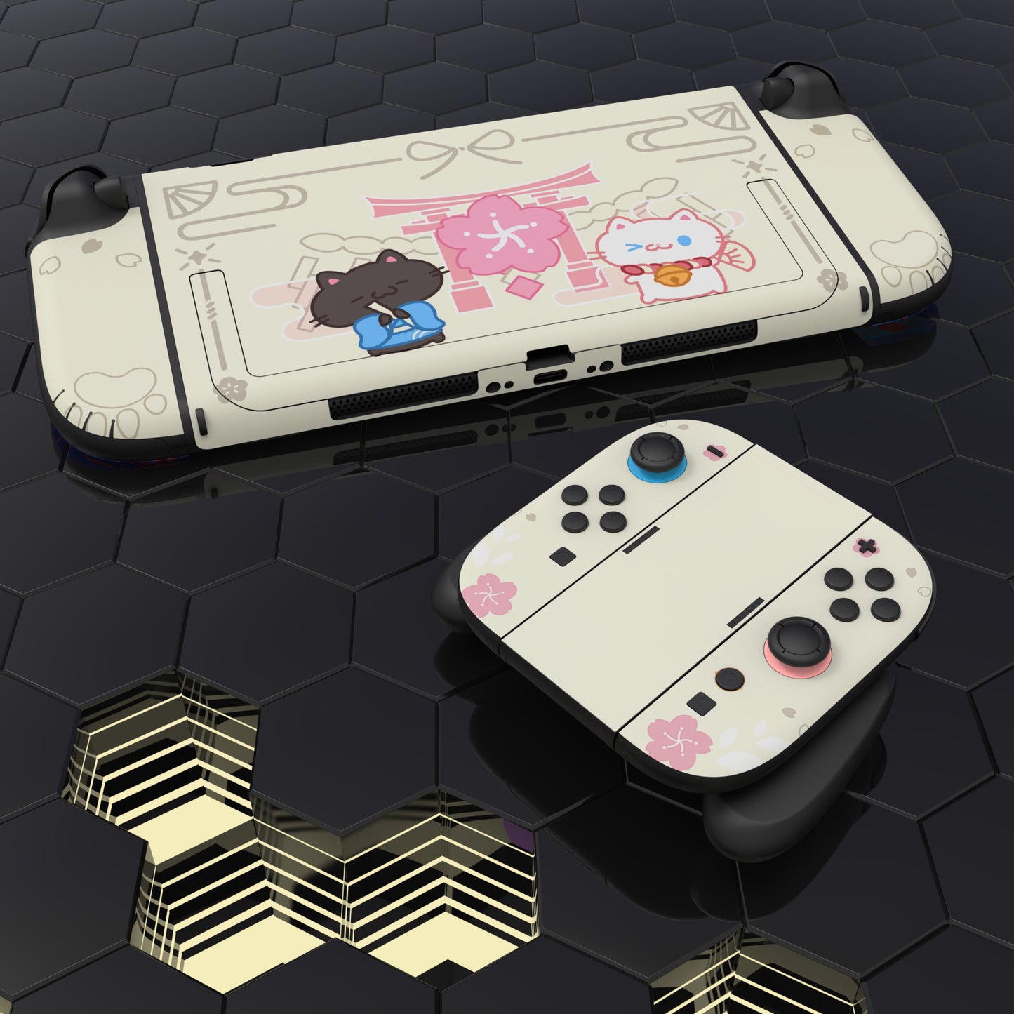PlayVital Nintendo Switch 2（2025）本体・Joycon対応 Cherry Blossoms Kittenフルセット保護ステッカーシール カスタマイズ用ビニールステッカー ドック＆グリップスシール付き【アイボリー】