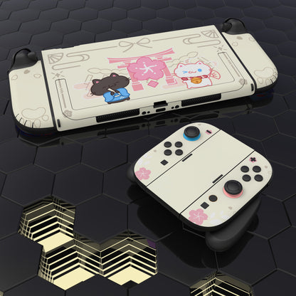 PlayVital Nintendo Switch 2（2025）本体・Joycon対応 Cherry Blossoms Kittenフルセット保護ステッカーシール カスタマイズ用ビニールステッカー ドック＆グリップスシール付き【アイボリー】