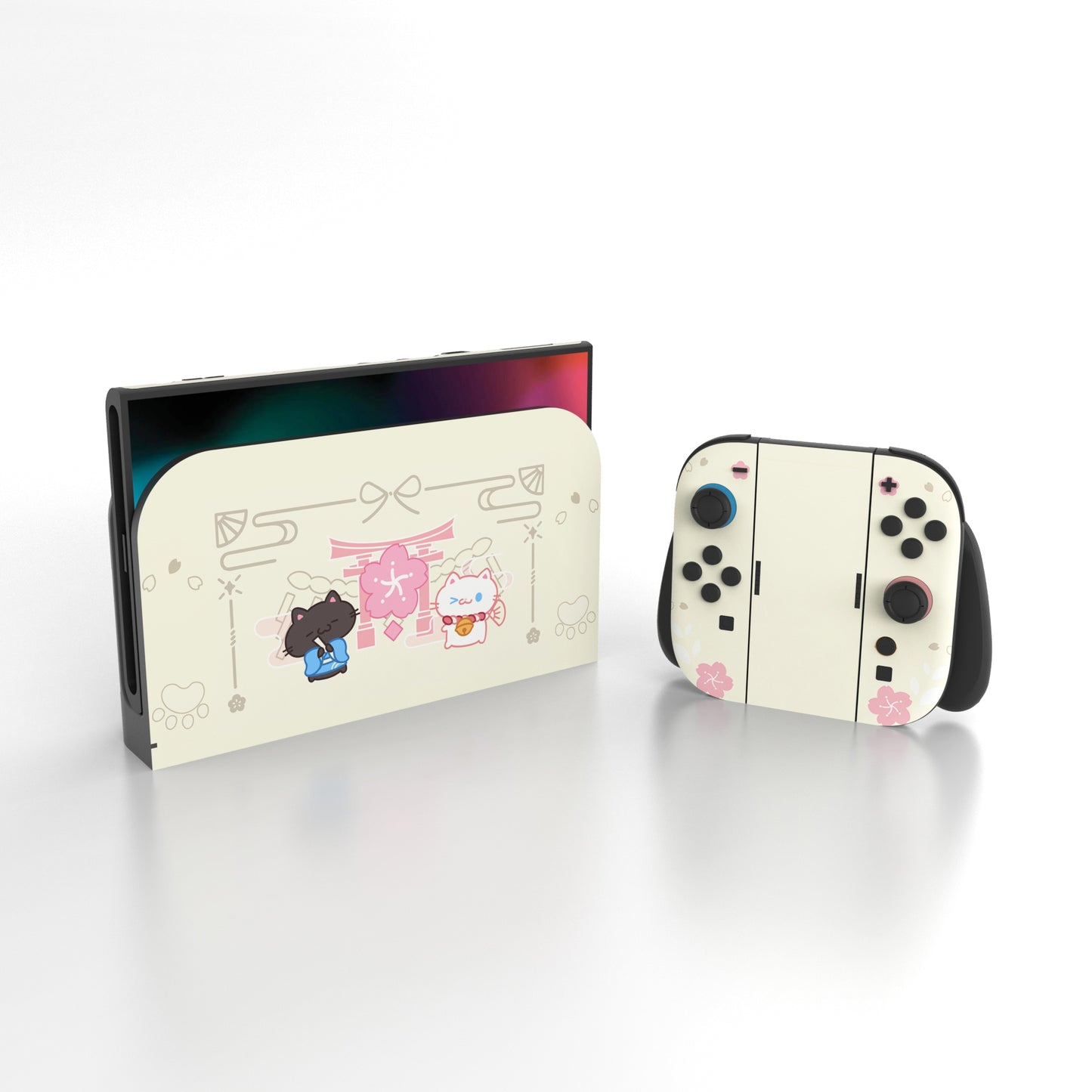 PlayVital Nintendo Switch 2（2025）本体・Joycon対応 Cherry Blossoms Kittenフルセット保護ステッカーシール カスタマイズ用ビニールステッカー ドック＆グリップスシール付き【アイボリー】