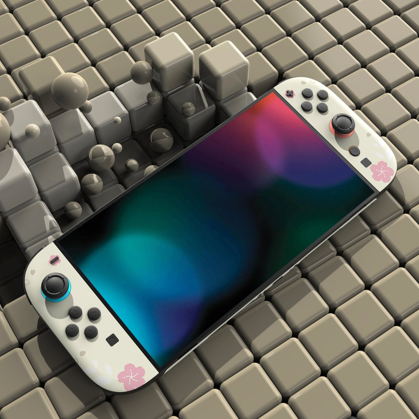 PlayVital Nintendo Switch 2（2025）本体・Joycon対応 Cherry Blossoms Kittenフルセット保護ステッカーシール カスタマイズ用ビニールステッカー ドック＆グリップスシール付き【アイボリー】