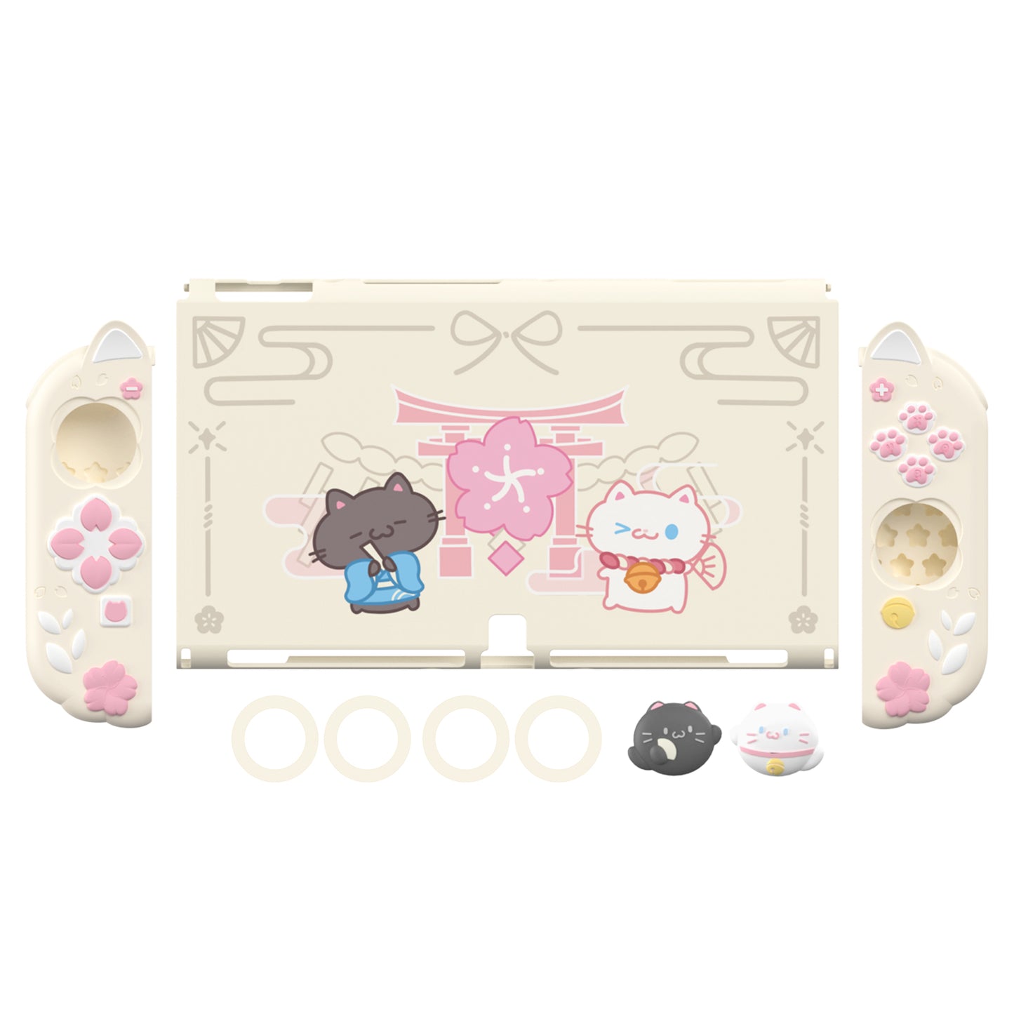 PlayVital Cherry Blossoms Kitten ドック対応 ハードシェル保護ケース 親指グリップ＆スタンド付き Nintendo Switch OLED 用【アイボリー】