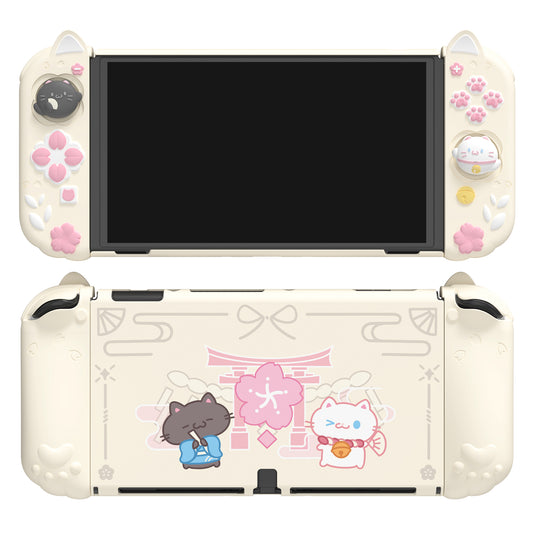 PlayVital Cherry Blossoms Kitten ドック対応 ハードシェル保護ケース 親指グリップ＆スタンド付き Nintendo Switch OLED 用【アイボリー】