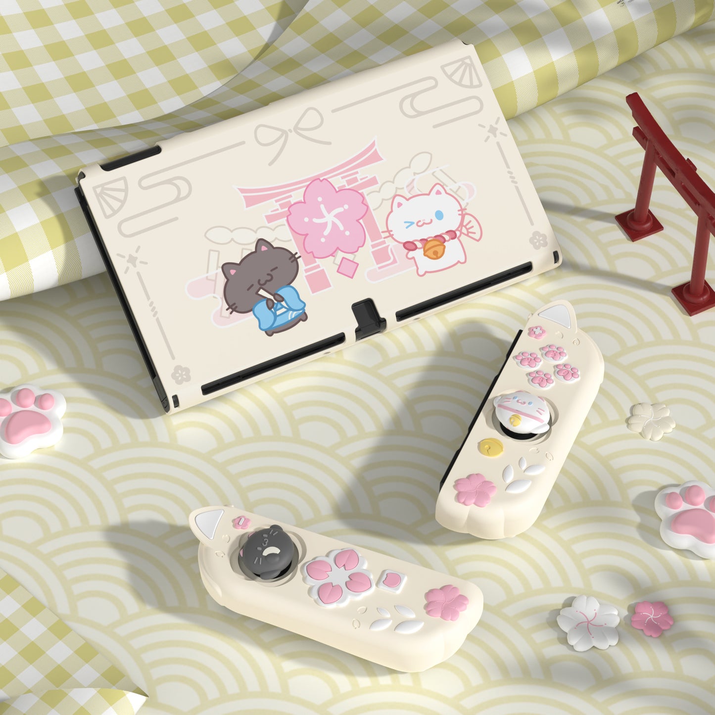 PlayVital Cherry Blossoms Kitten ドック対応 ハードシェル保護ケース 親指グリップ＆スタンド付き Nintendo Switch OLED 用【アイボリー】