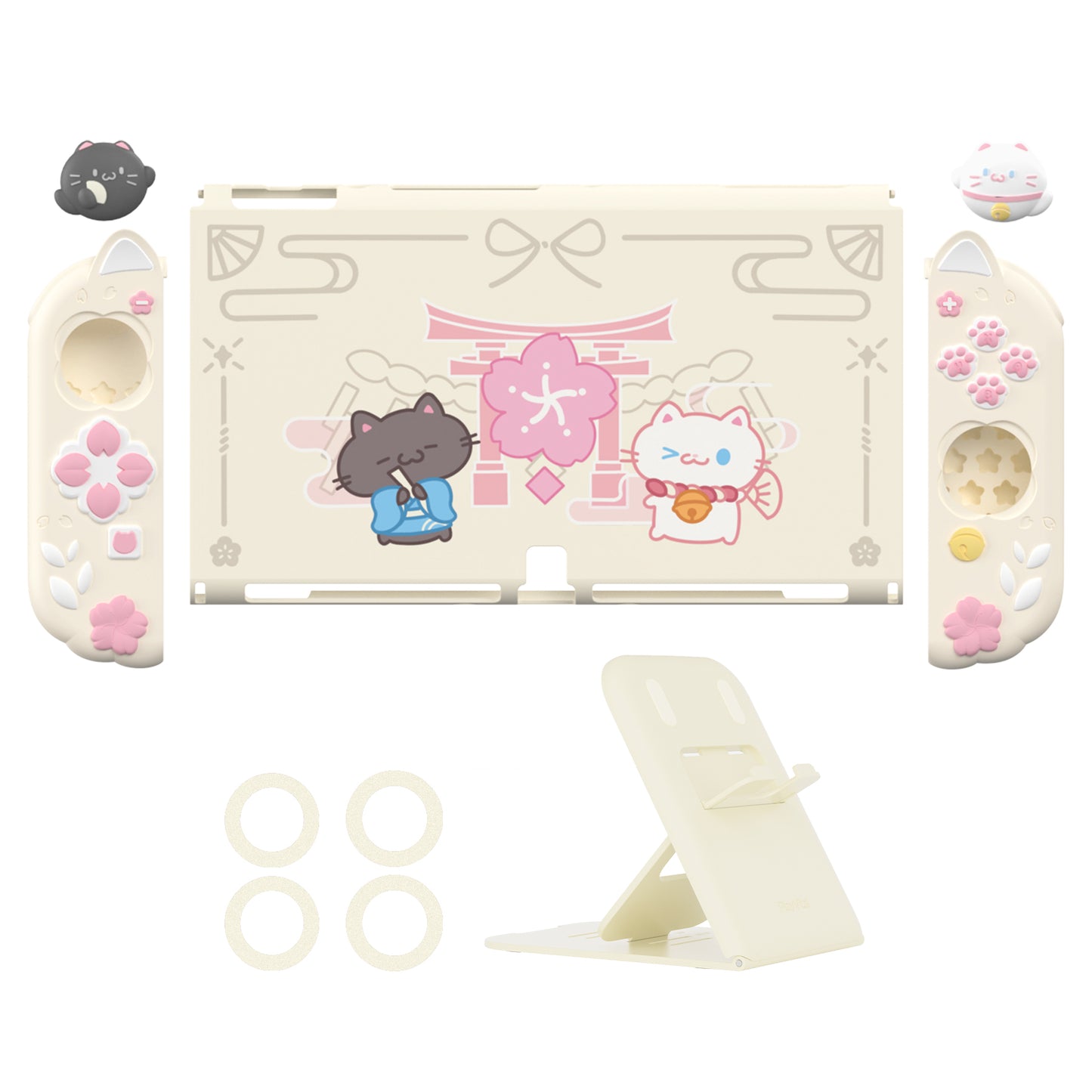 PlayVital Cherry Blossoms Kitten ドック対応 ハードシェル保護ケース 親指グリップ＆スタンド付き Nintendo Switch OLED 用【アイボリー】