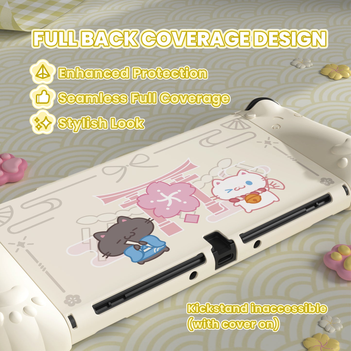 PlayVital Cherry Blossoms Kitten ドック対応 ハードシェル保護ケース 親指グリップ＆スタンド付き Nintendo Switch OLED 用【アイボリー】