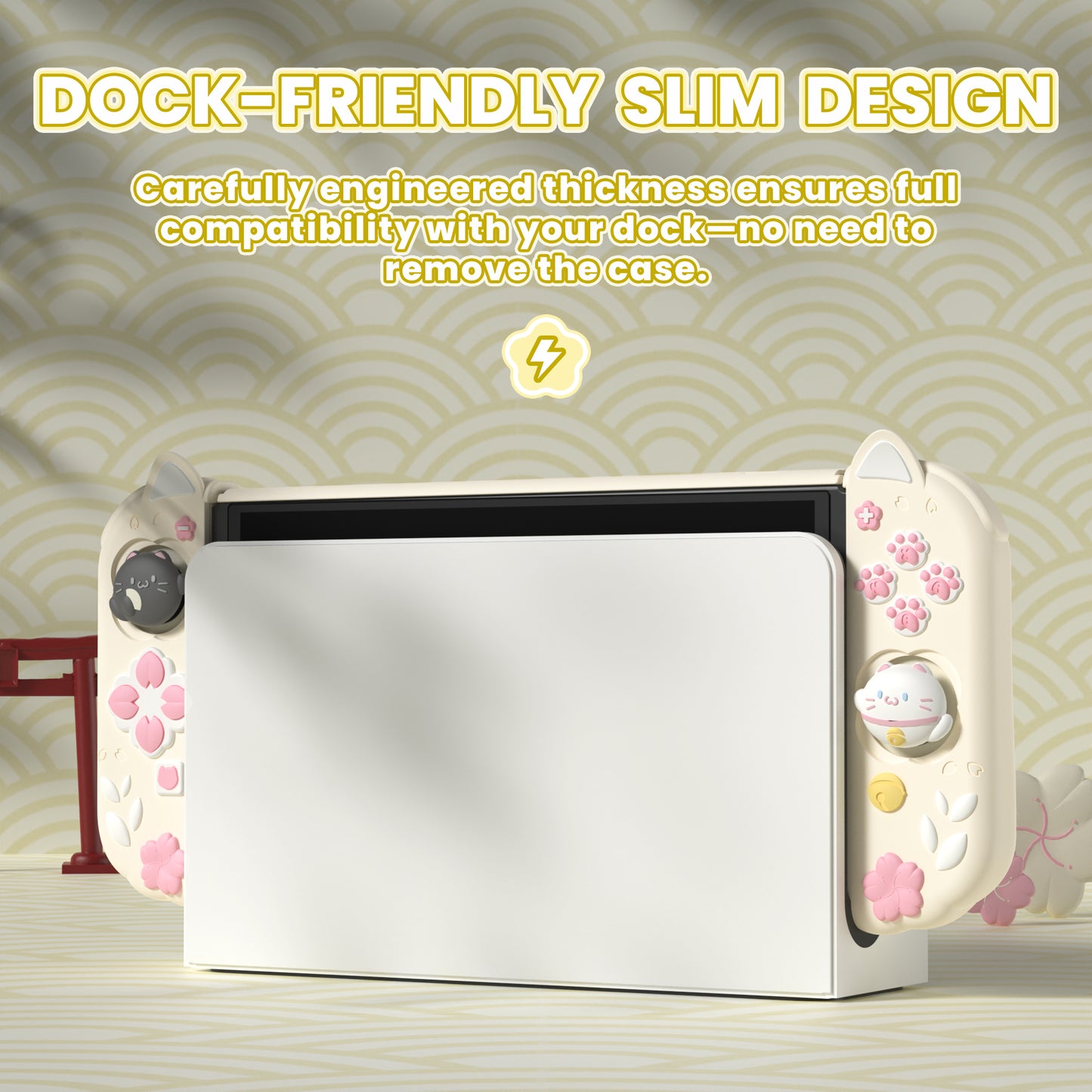 PlayVital Cherry Blossoms Kitten ドック対応 ハードシェル保護ケース 親指グリップ＆スタンド付き Nintendo Switch OLED 用【アイボリー】