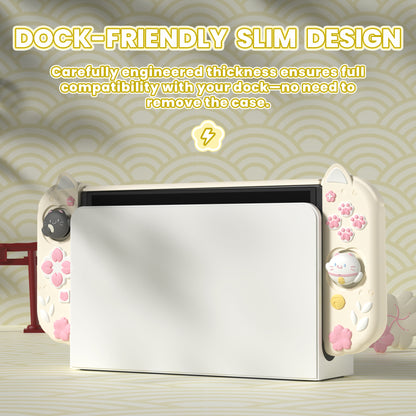 PlayVital Cherry Blossoms Kitten ドック対応 ハードシェル保護ケース 親指グリップ＆スタンド付き Nintendo Switch OLED 用【アイボリー】