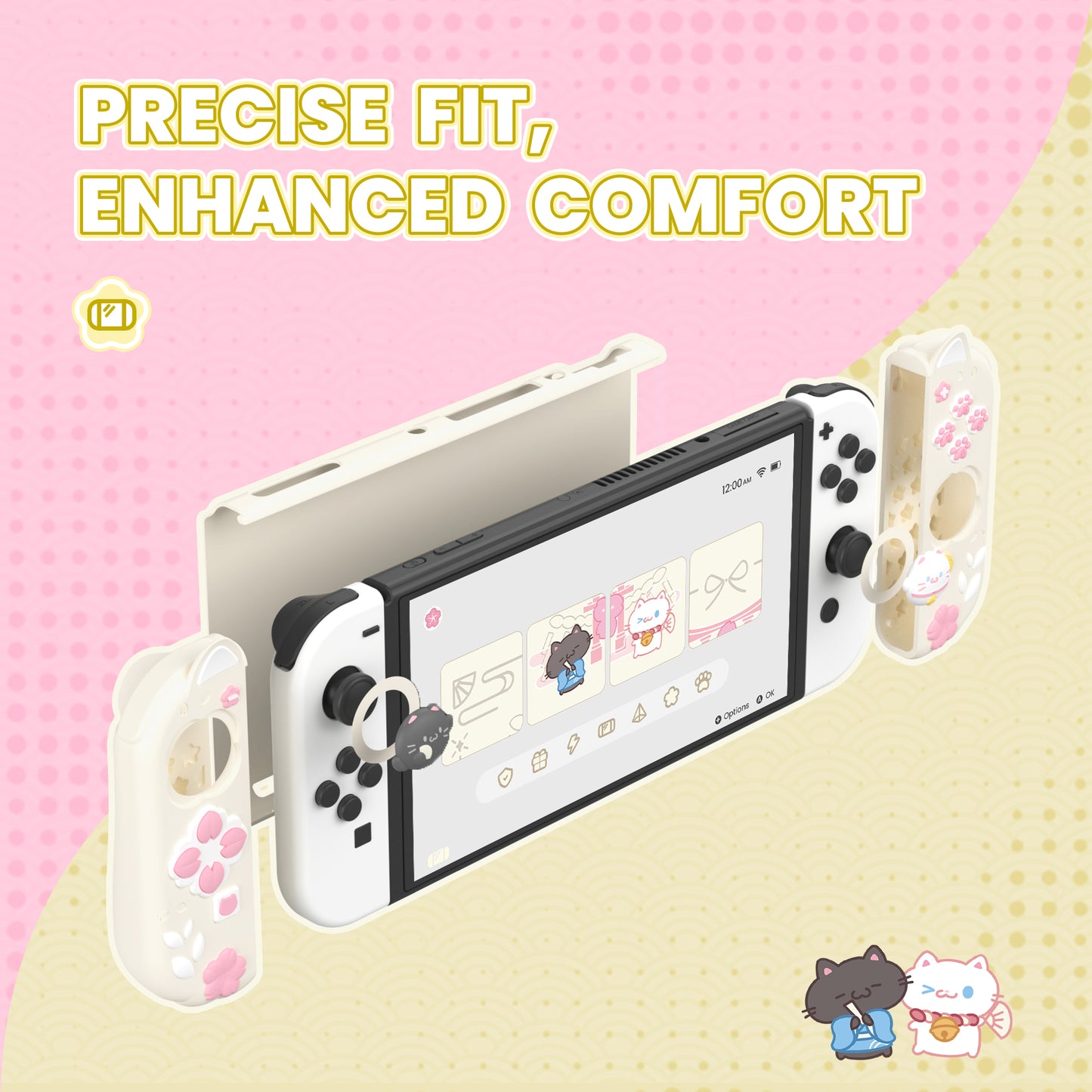 PlayVital Cherry Blossoms Kitten ドック対応 ハードシェル保護ケース 親指グリップ＆スタンド付き Nintendo Switch OLED 用【アイボリー】