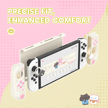 PlayVital Cherry Blossoms Kitten ドック対応 ハードシェル保護ケース 親指グリップ＆スタンド付き Nintendo Switch OLED 用【アイボリー】