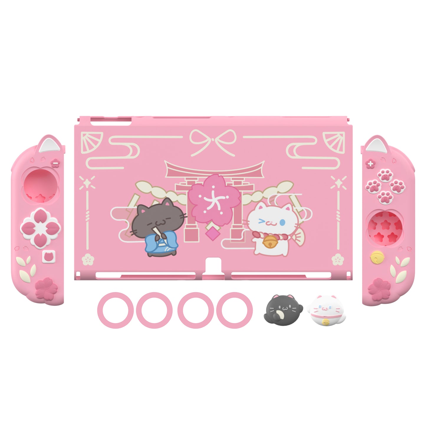 PlayVital Cherry Blossoms Kitten ドック対応 ハードシェル保護ケース 親指グリップ＆スタンド付き Nintendo Switch OLED 用【ピンク】