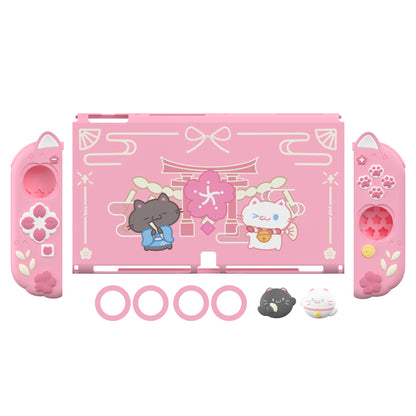 PlayVital Cherry Blossoms Kitten ドック対応 ハードシェル保護ケース 親指グリップ＆スタンド付き Nintendo Switch OLED 用【ピンク】