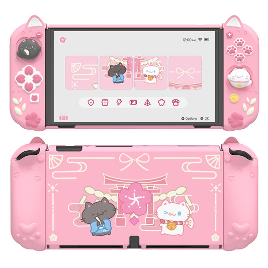 PlayVital 和風子猫デザイン ドック対応 ハードシェル保護ケース 親指グリップ＆スタンド付き Nintendo Switch OLED 用【ピンク】