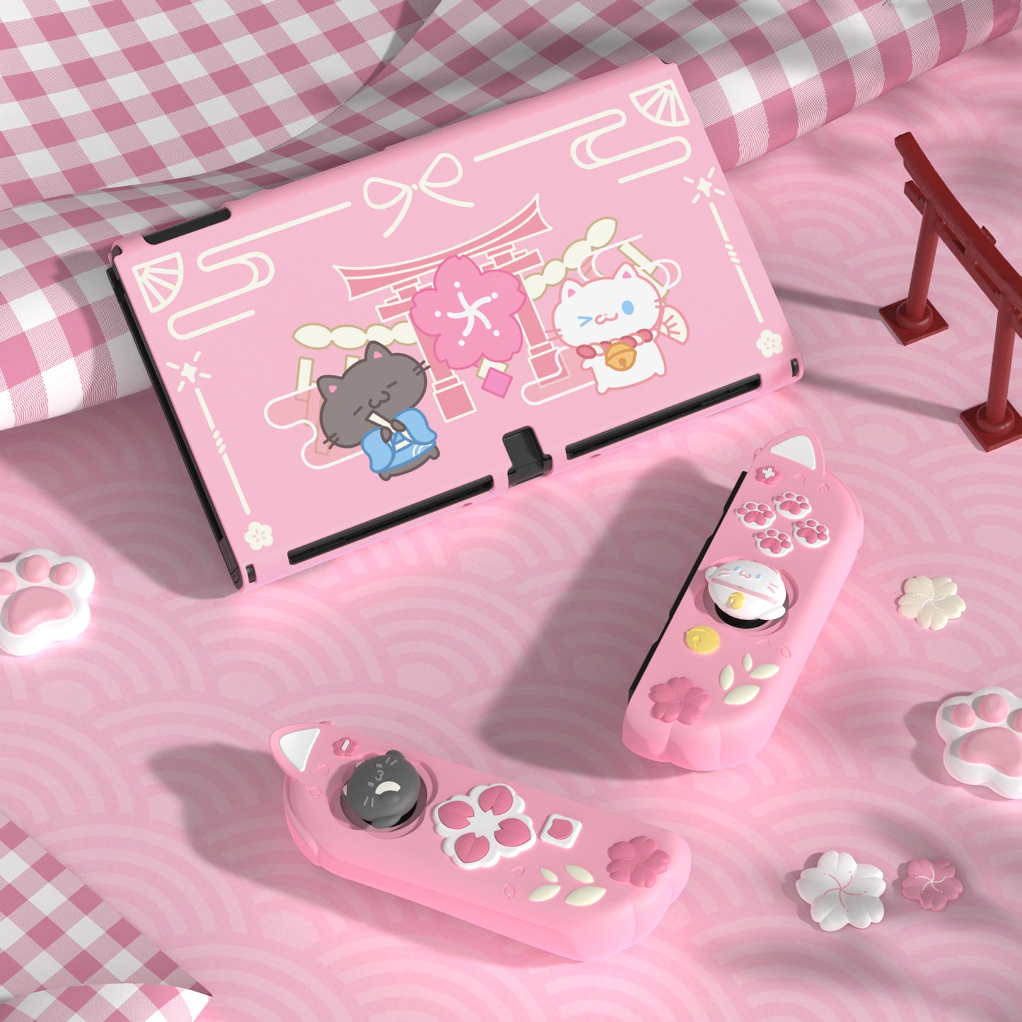 PlayVital Cherry Blossoms Kitten ドック対応 ハードシェル保護ケース 親指グリップ＆スタンド付き Nintendo Switch OLED 用【ピンク】