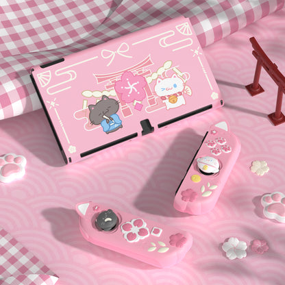 PlayVital Cherry Blossoms Kitten ドック対応 ハードシェル保護ケース 親指グリップ＆スタンド付き Nintendo Switch OLED 用【ピンク】