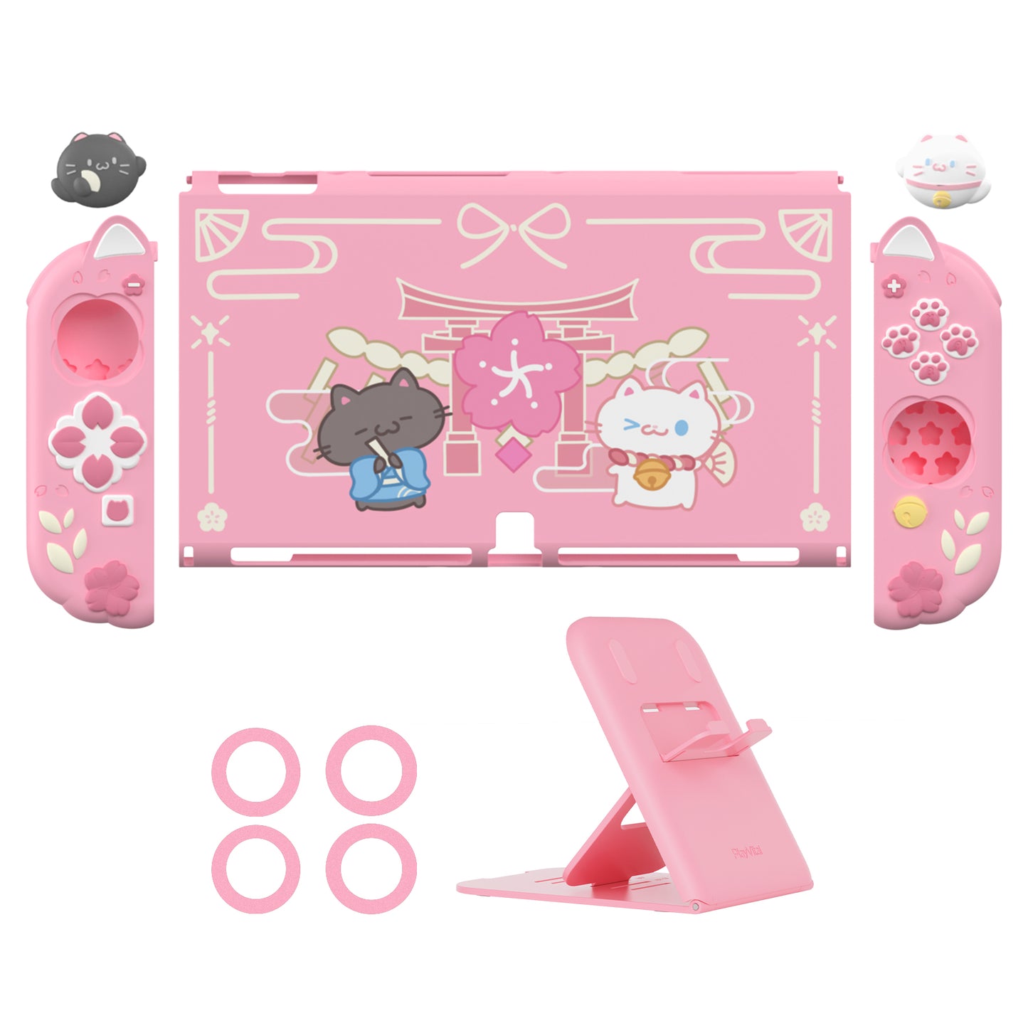PlayVital Cherry Blossoms Kitten ドック対応 ハードシェル保護ケース 親指グリップ＆スタンド付き Nintendo Switch OLED 用【ピンク】
