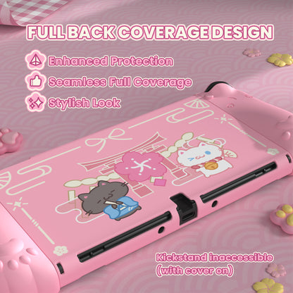 PlayVital Cherry Blossoms Kitten ドック対応 ハードシェル保護ケース 親指グリップ＆スタンド付き Nintendo Switch OLED 用【ピンク】