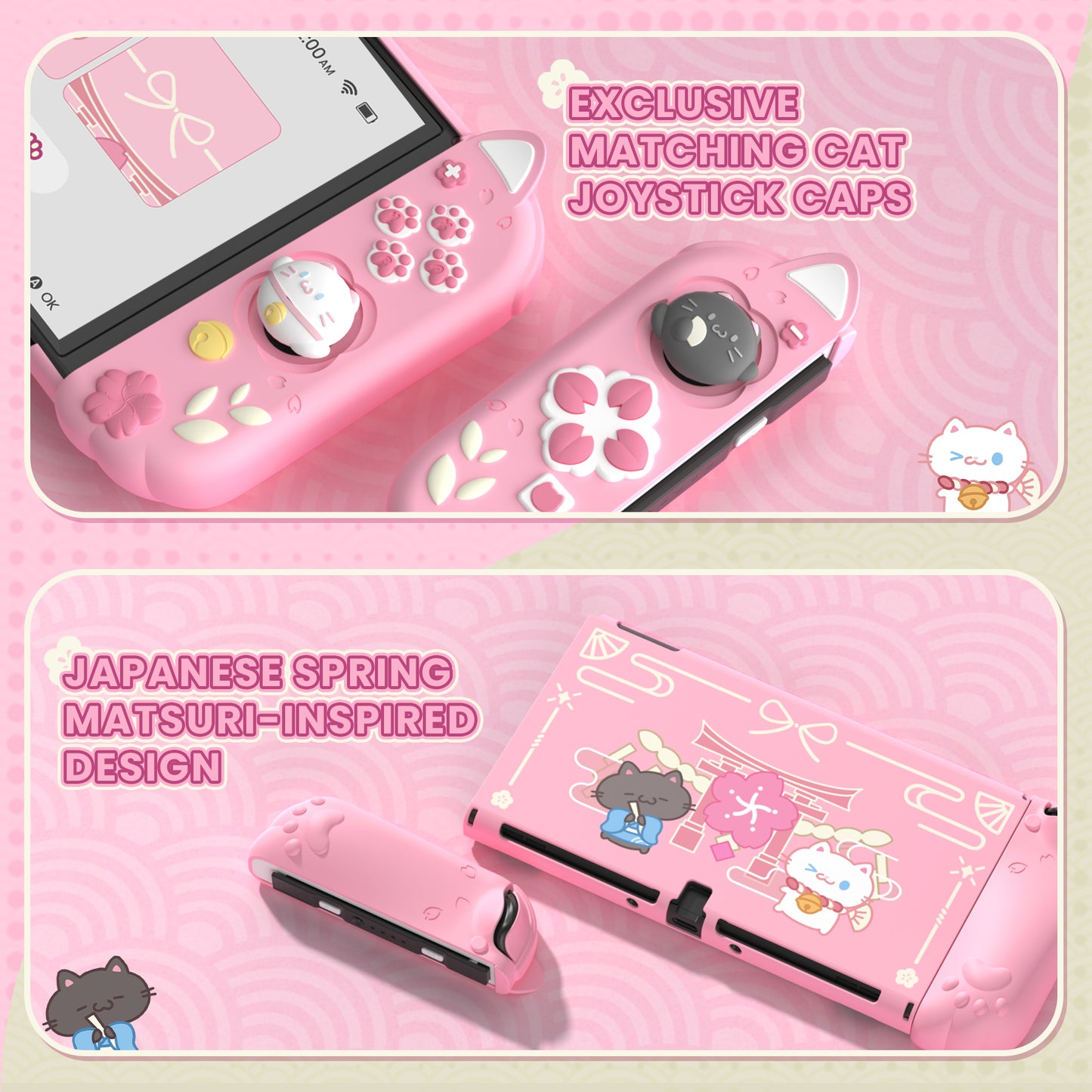 PlayVital Cherry Blossoms Kitten ドック対応 ハードシェル保護ケース 親指グリップ＆スタンド付き Nintendo Switch OLED 用【ピンク】