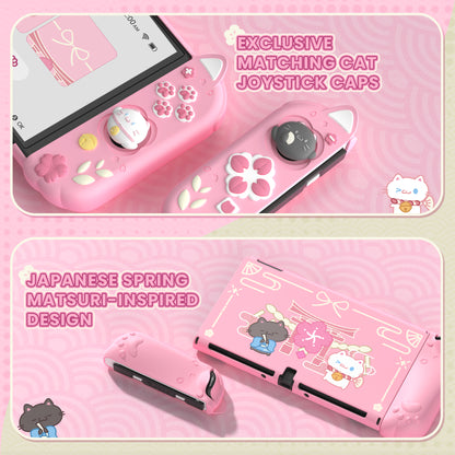 PlayVital Cherry Blossoms Kitten ドック対応 ハードシェル保護ケース 親指グリップ＆スタンド付き Nintendo Switch OLED 用【ピンク】