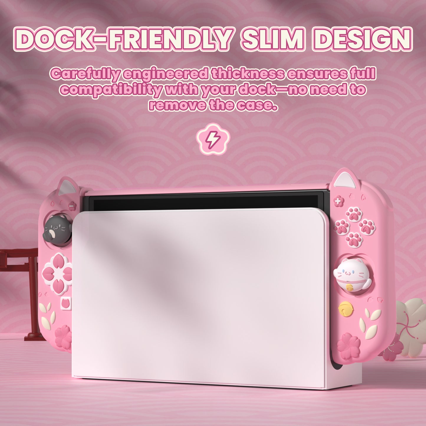 PlayVital Cherry Blossoms Kitten ドック対応 ハードシェル保護ケース 親指グリップ＆スタンド付き Nintendo Switch OLED 用【ピンク】