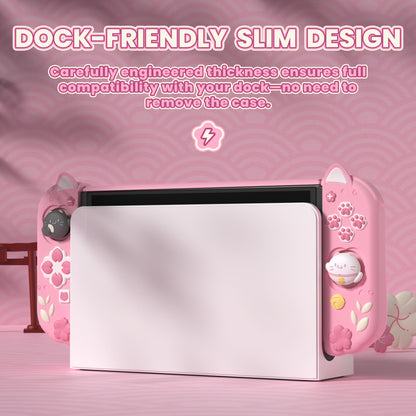 PlayVital Cherry Blossoms Kitten ドック対応 ハードシェル保護ケース 親指グリップ＆スタンド付き Nintendo Switch OLED 用【ピンク】