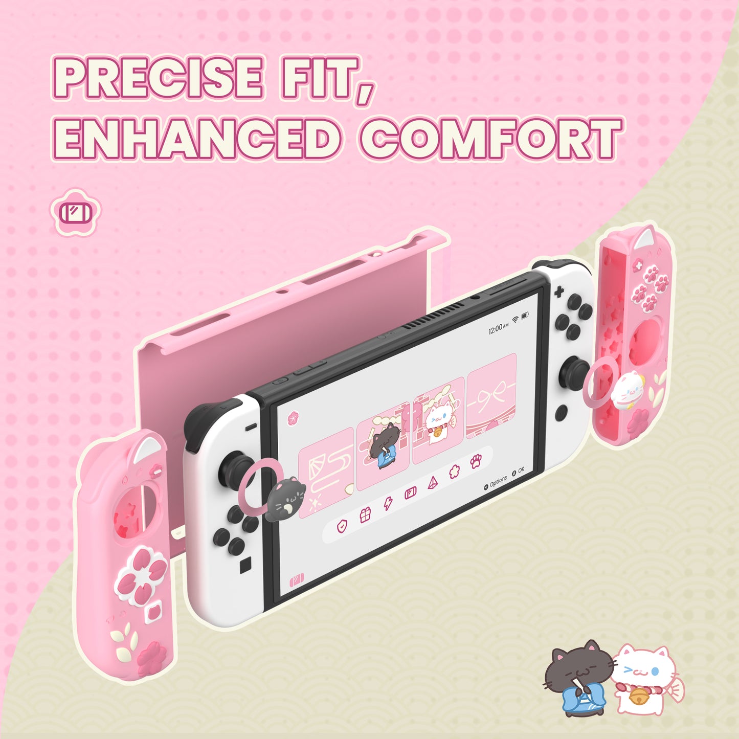 PlayVital Cherry Blossoms Kitten ドック対応 ハードシェル保護ケース 親指グリップ＆スタンド付き Nintendo Switch OLED 用【ピンク】