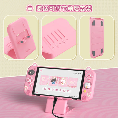 PlayVital Cherry Blossoms Kitten ドック対応 ハードシェル保護ケース 親指グリップ＆スタンド付き Nintendo Switch OLED 用【ピンク】