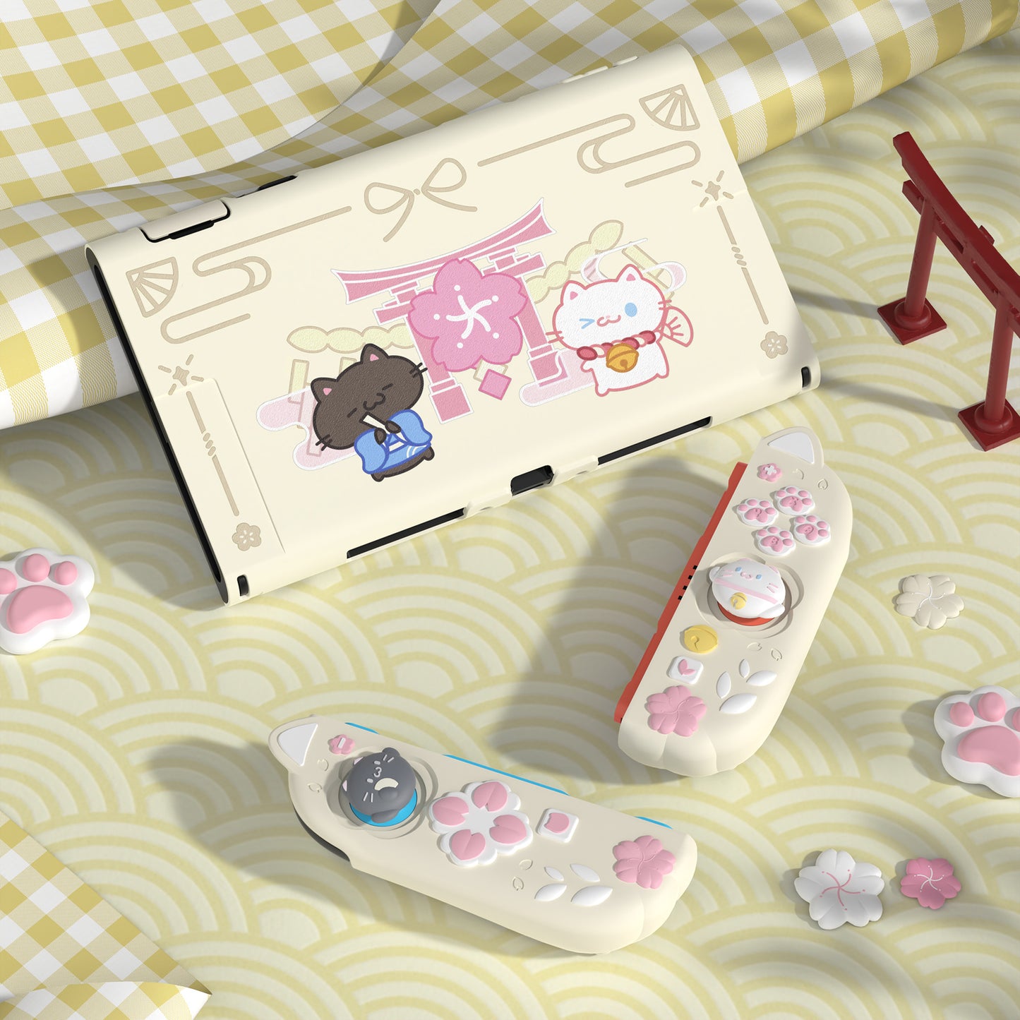 PlayVital Cherry Blossoms Kitten Nintendo Switch 2（2025）対応保護カバーケース【アンティークイエロー】