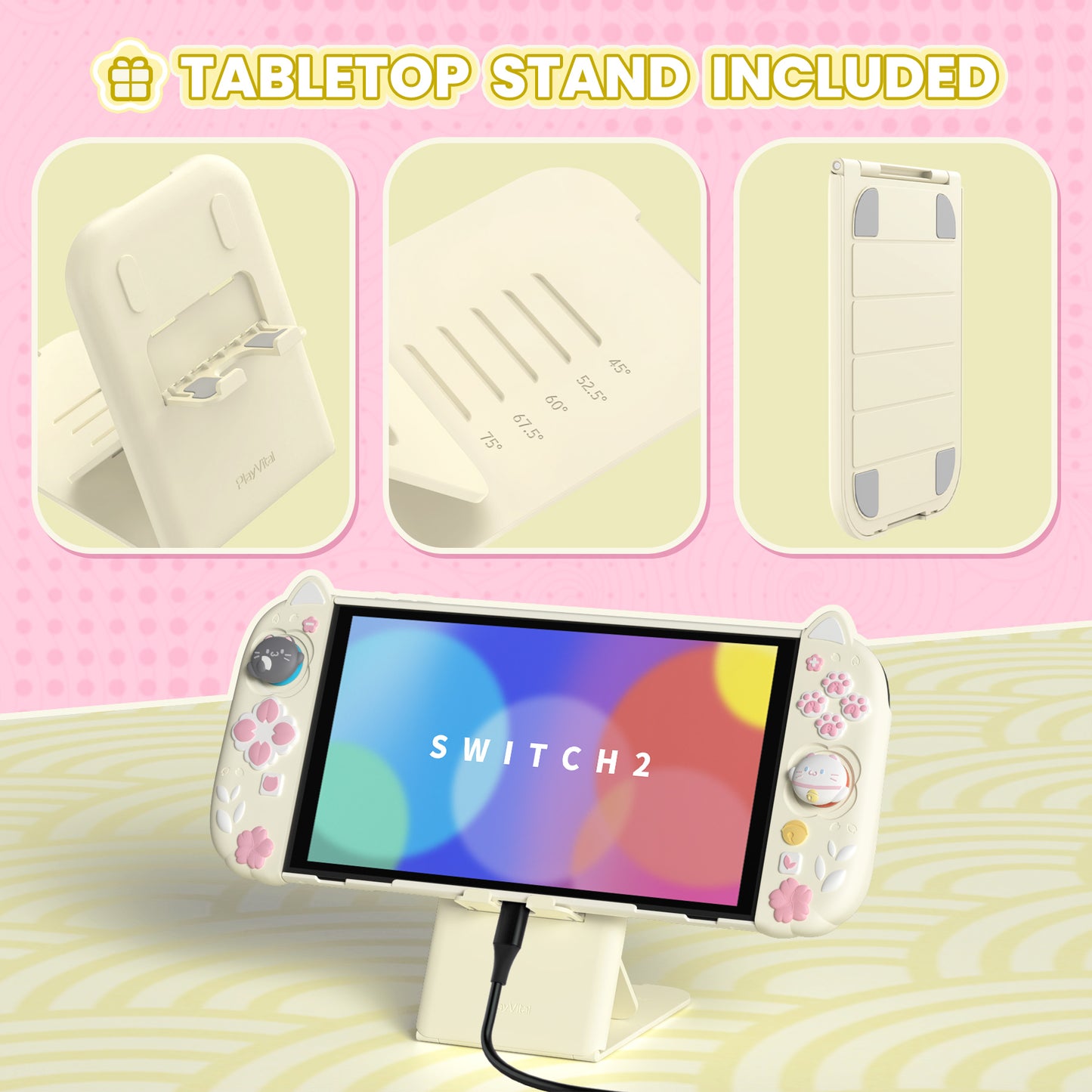 PlayVital Cherry Blossoms Kitten Nintendo Switch 2（2025）対応保護カバーケース【アンティークイエロー】