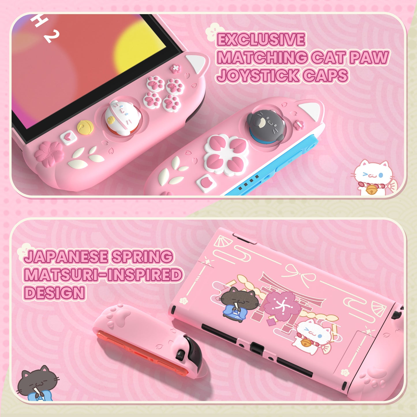 PlayVital Cherry Blossoms Kitten Nintendo Switch 2（2025）対応保護カバーケース【ピンク】
