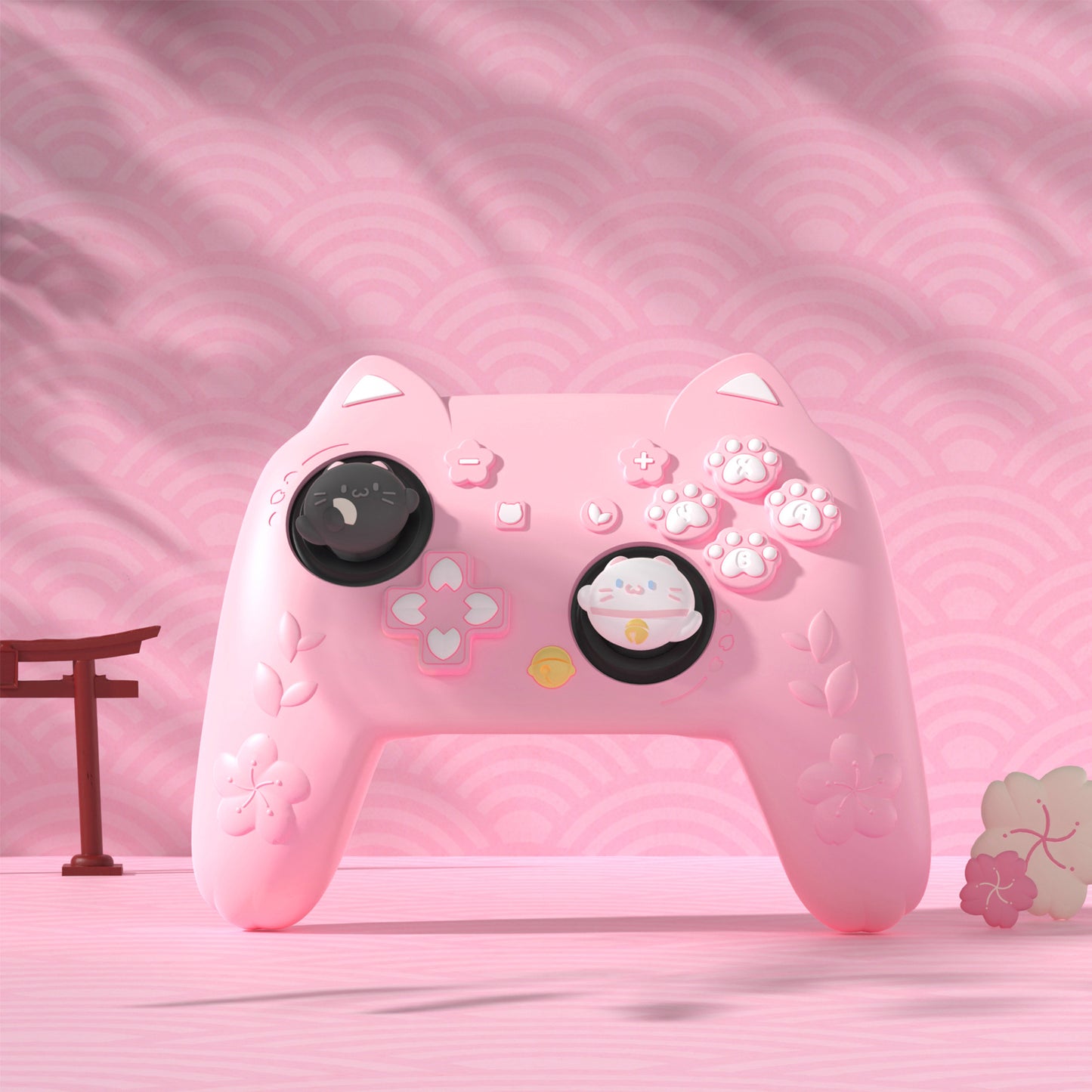 PlayVital 和風さくら子猫デザイン シリコンカバー Nintendo Switch 2 Pro コントローラー用, バックボタンキャップ・サムグリップ・ステッカー付き 可愛い保護スキンケース【ピンク】