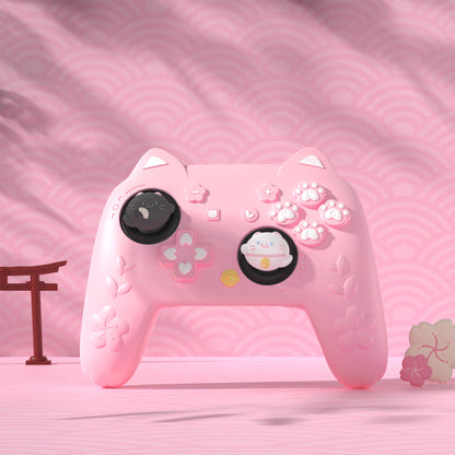 PlayVital 和風さくら子猫デザイン シリコンカバー Nintendo Switch 2 Pro コントローラー用, バックボタンキャップ・サムグリップ・ステッカー付き 可愛い保護スキンケース【ピンク】