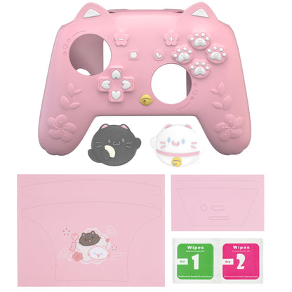 PlayVital 和風さくら子猫デザイン シリコンカバー Nintendo Switch 2 Pro コントローラー用, バックボタンキャップ・サムグリップ・ステッカー付き 可愛い保護スキンケース【ピンク】