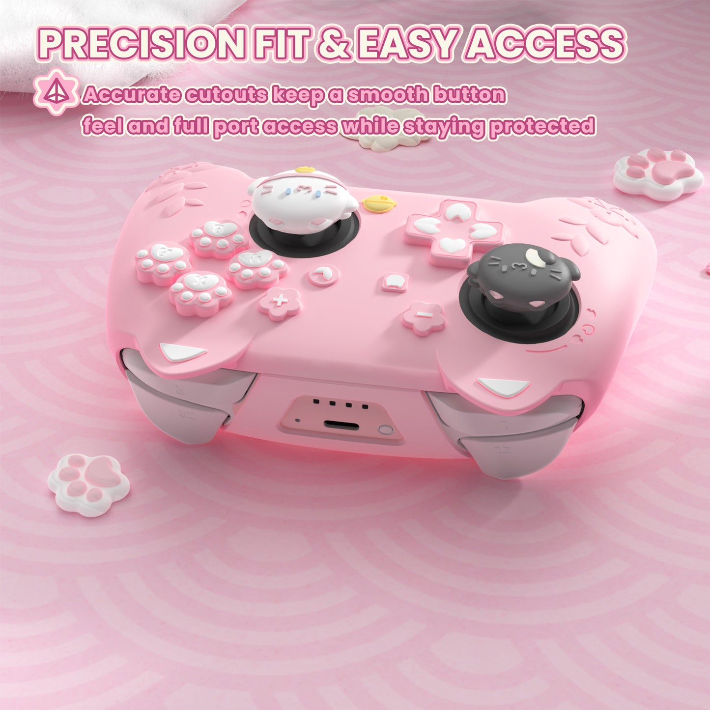 PlayVital 和風さくら子猫デザイン シリコンカバー Nintendo Switch 2 Pro コントローラー用, バックボタンキャップ・サムグリップ・ステッカー付き 可愛い保護スキンケース【ピンク】