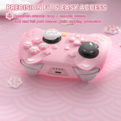 PlayVital 和風さくら子猫デザイン シリコンカバー Nintendo Switch 2 Pro コントローラー用, バックボタンキャップ・サムグリップ・ステッカー付き 可愛い保護スキンケース【ピンク】
