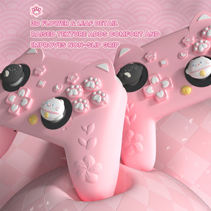 PlayVital 和風さくら子猫デザイン シリコンカバー Nintendo Switch 2 Pro コントローラー用, バックボタンキャップ・サムグリップ・ステッカー付き 可愛い保護スキンケース【ピンク】