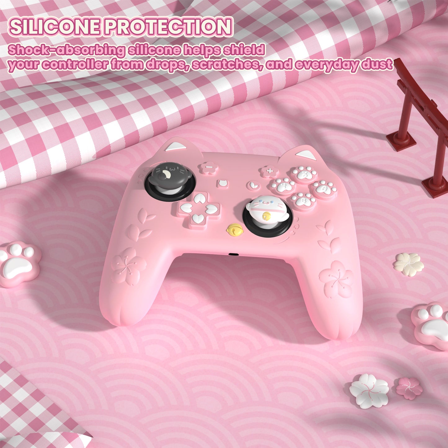 PlayVital 和風さくら子猫デザイン シリコンカバー Nintendo Switch 2 Pro コントローラー用, バックボタンキャップ・サムグリップ・ステッカー付き 可愛い保護スキンケース【ピンク】