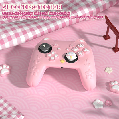 PlayVital 和風さくら子猫デザイン シリコンカバー Nintendo Switch 2 Pro コントローラー用, バックボタンキャップ・サムグリップ・ステッカー付き 可愛い保護スキンケース【ピンク】