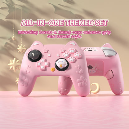 PlayVital 和風さくら子猫デザイン シリコンカバー Nintendo Switch 2 Pro コントローラー用, バックボタンキャップ・サムグリップ・ステッカー付き 可愛い保護スキンケース【ピンク】