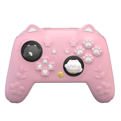 PlayVital 和風さくら子猫デザイン シリコンカバー Nintendo Switch 2 Pro コントローラー用, バックボタンキャップ・サムグリップ・ステッカー付き 可愛い保護スキンケース【ピンク】