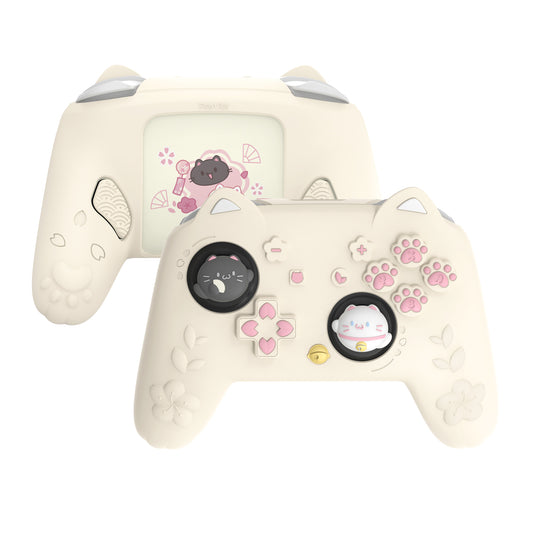 PlayVital 和風さくら子猫デザイン シリコンカバー Nintendo Switch 2 Pro コントローラー用, バックボタンキャップ・サムグリップ・ステッカー付き 可愛い保護スキンケース【アイボリー】