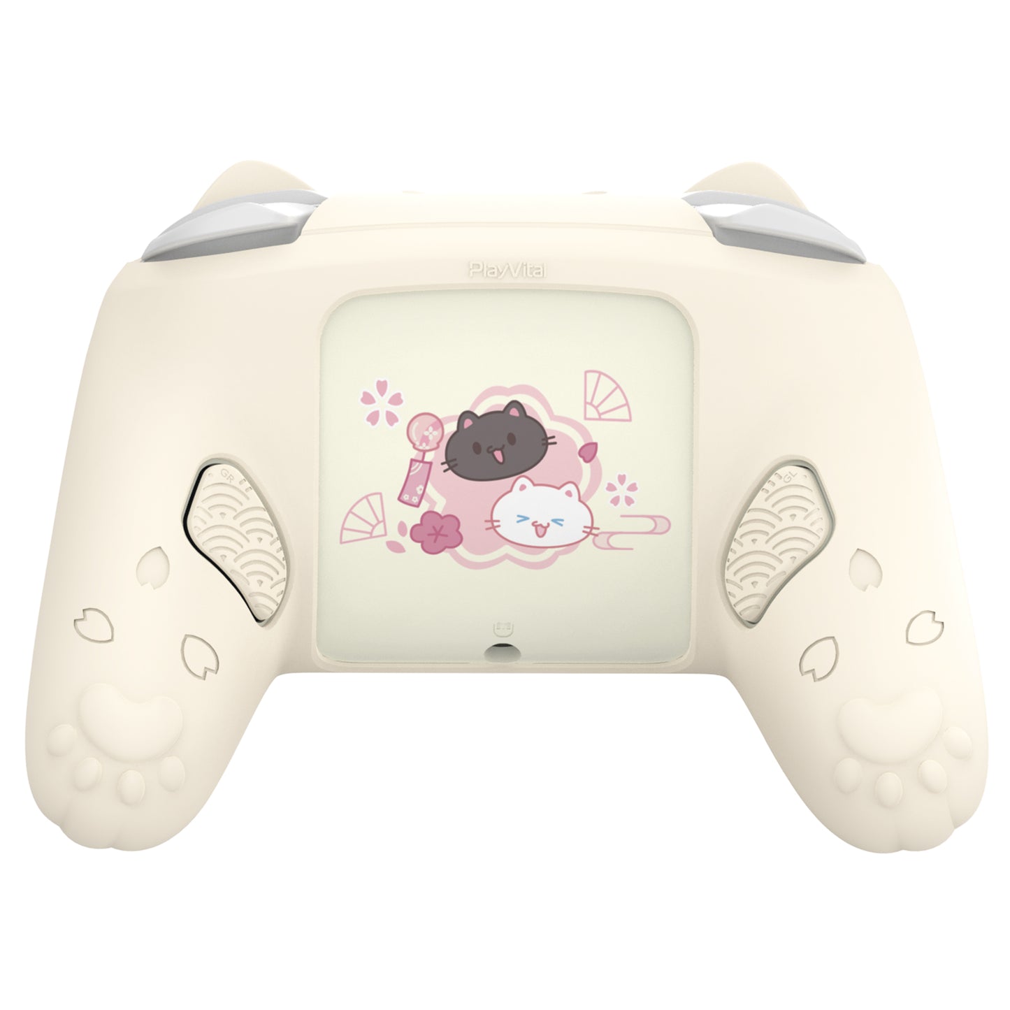 PlayVital 和風さくら子猫デザイン シリコンカバー Nintendo Switch 2 Pro コントローラー用, バックボタンキャップ・サムグリップ・ステッカー付き 可愛い保護スキンケース【アイボリー】