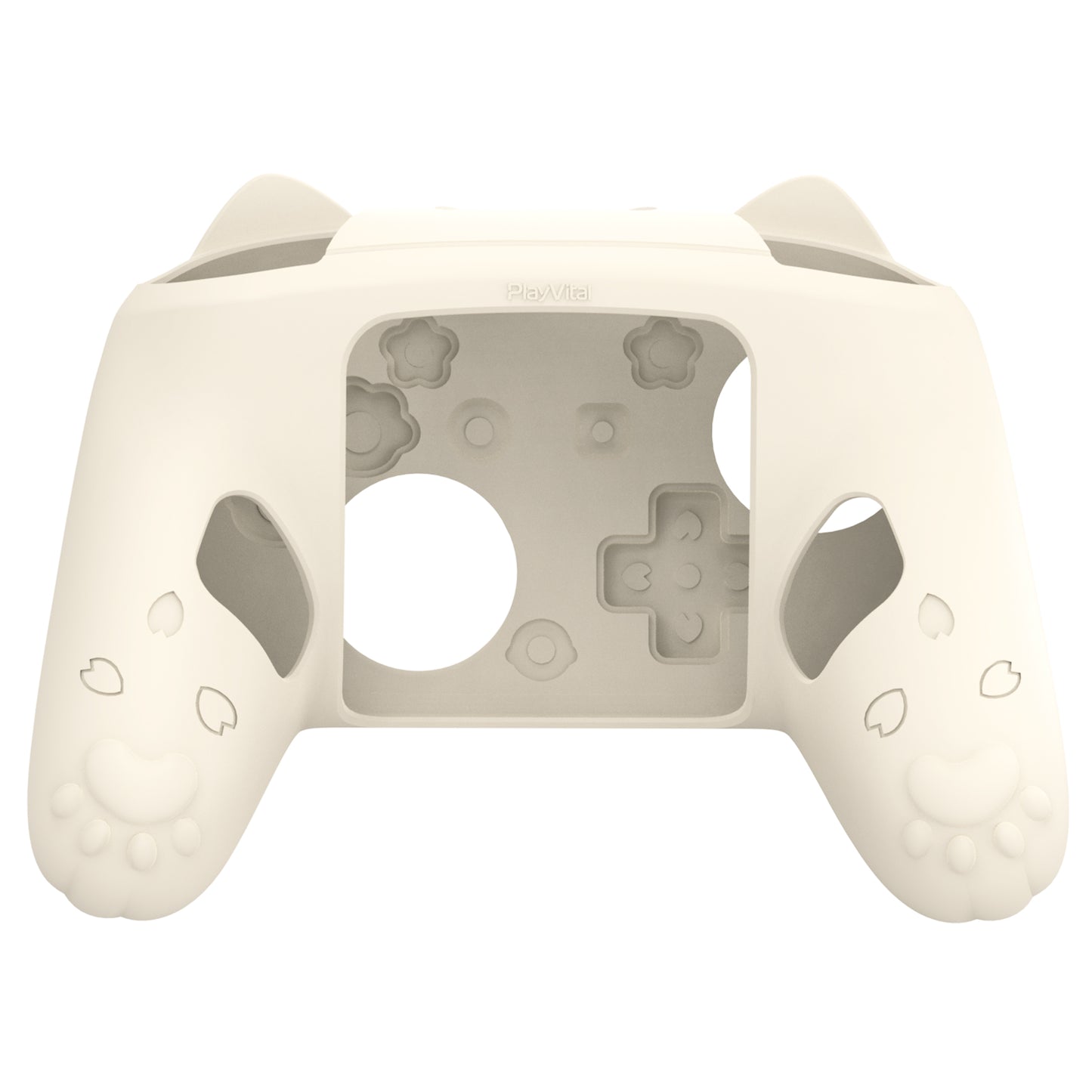 PlayVital 和風さくら子猫デザイン シリコンカバー Nintendo Switch 2 Pro コントローラー用, バックボタンキャップ・サムグリップ・ステッカー付き 可愛い保護スキンケース【アイボリー】