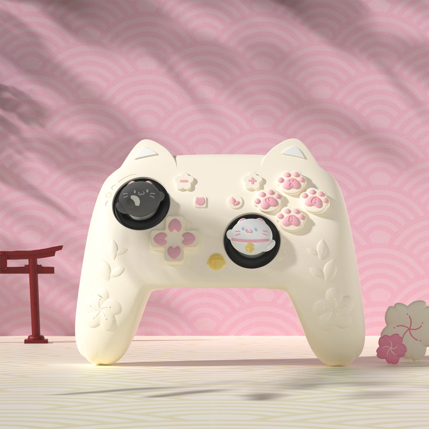 PlayVital 和風さくら子猫デザイン シリコンカバー Nintendo Switch 2 Pro コントローラー用, バックボタンキャップ・サムグリップ・ステッカー付き 可愛い保護スキンケース【アイボリー】