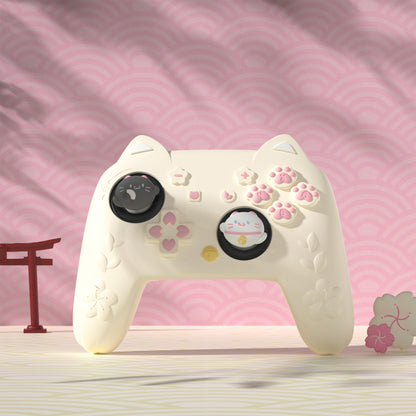 PlayVital 和風さくら子猫デザイン シリコンカバー Nintendo Switch 2 Pro コントローラー用, バックボタンキャップ・サムグリップ・ステッカー付き 可愛い保護スキンケース【アイボリー】
