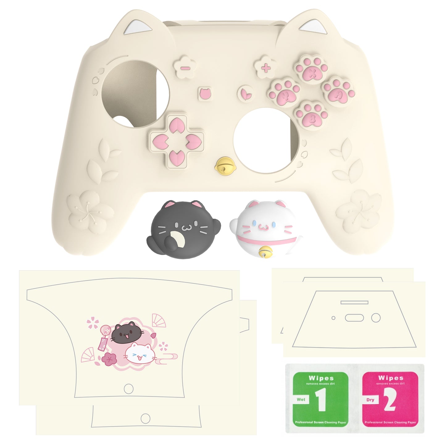 PlayVital 和風さくら子猫デザイン シリコンカバー Nintendo Switch 2 Pro コントローラー用, バックボタンキャップ・サムグリップ・ステッカー付き 可愛い保護スキンケース【アイボリー】