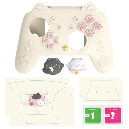 PlayVital 和風さくら子猫デザイン シリコンカバー Nintendo Switch 2 Pro コントローラー用, バックボタンキャップ・サムグリップ・ステッカー付き 可愛い保護スキンケース【アイボリー】