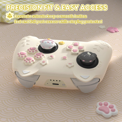 PlayVital 和風さくら子猫デザイン シリコンカバー Nintendo Switch 2 Pro コントローラー用, バックボタンキャップ・サムグリップ・ステッカー付き 可愛い保護スキンケース【アイボリー】